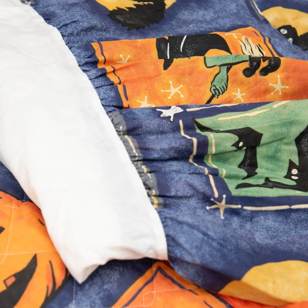 VTG Halloween Quilt & Bed Skirt Queen Bedding Set Festive Spooky Nostalgic Goth